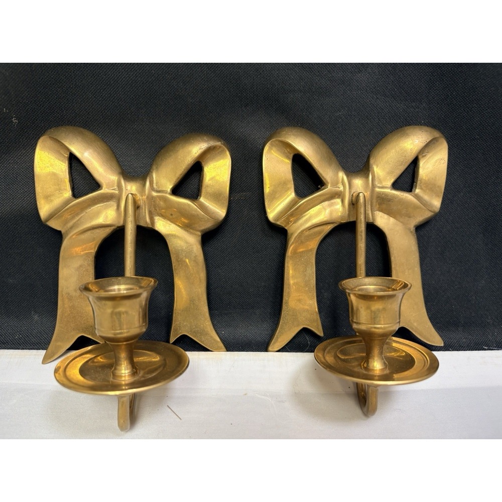 Bows VTG Brass Wall Candle Holders CuteCore Coquette Hollywood Regency Cottage